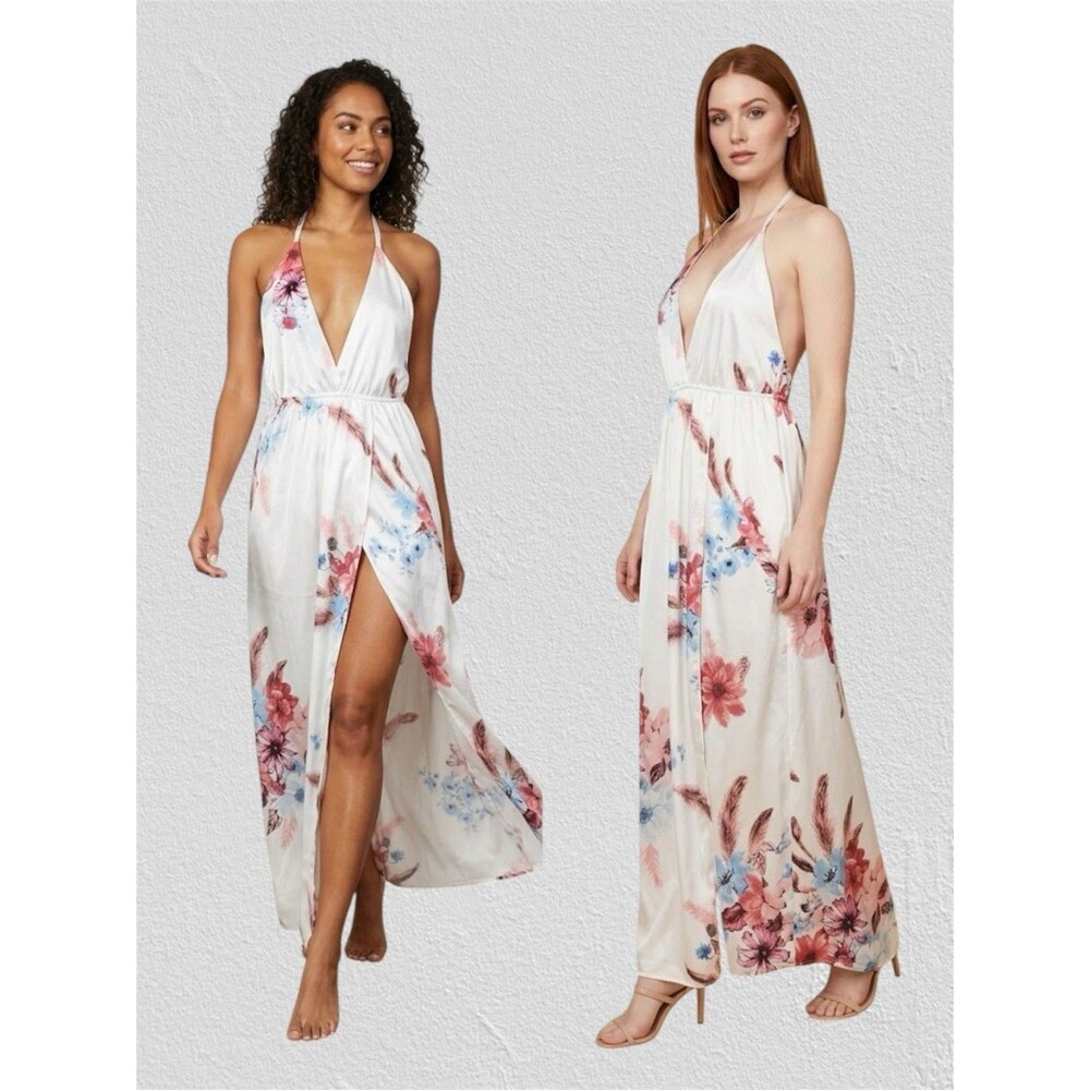 Flowy Low-Cut Fit-Flare High Split Maxi Strappy Floral Beach Dress White Small - Picture 7 of 7